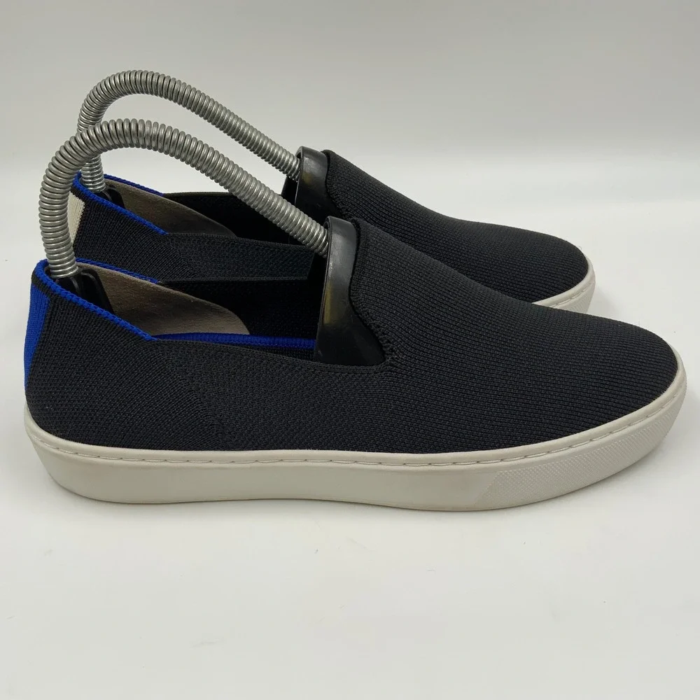 Rothys The Sneaker Black Knit Slip On Shoes Blue Stripe Women 7